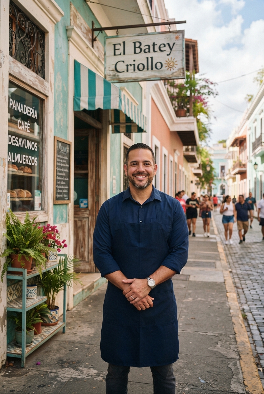 Smiling man stands outside El Batey Criollo bakery-café on a colorful colonial street.