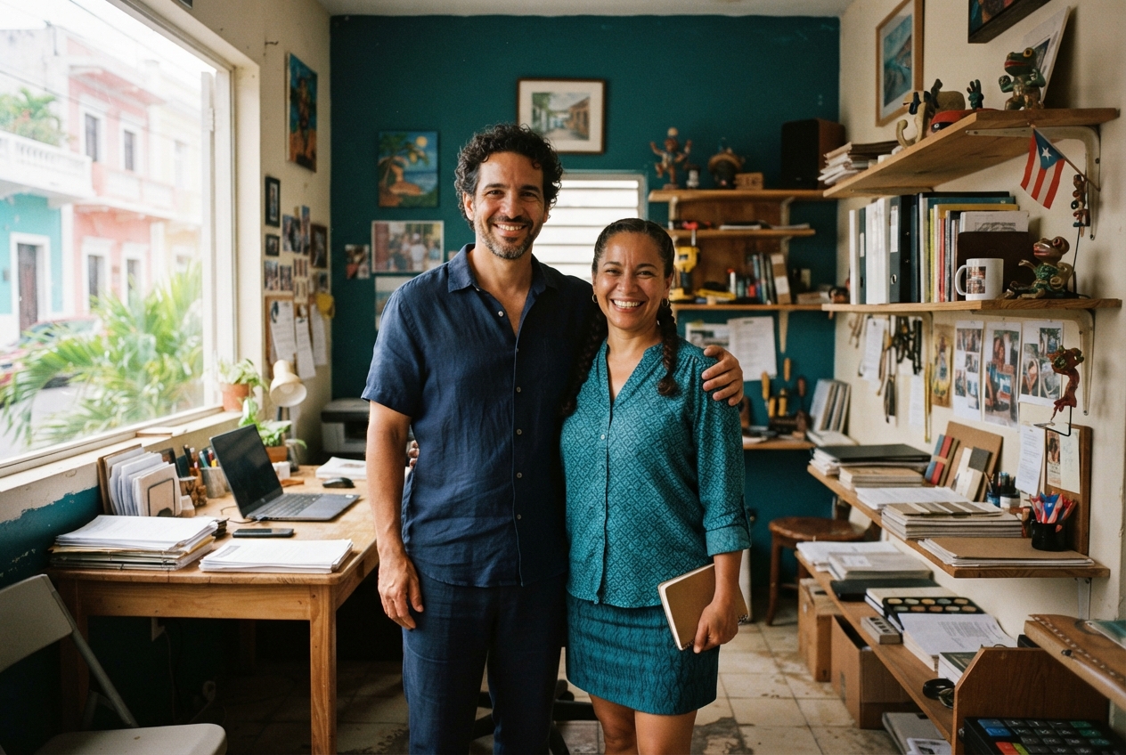 Smiling man and woman pose together in a colorful, paper-filled creative studio.