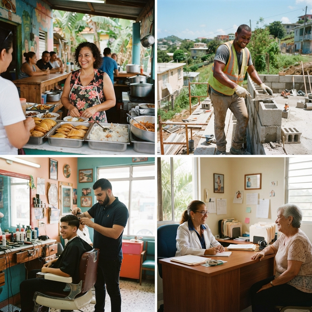 Four-panel collage showing a food vendor, construction worker, barber, and clinician with an elderly woman.