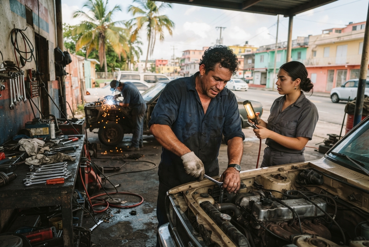 Two mechanics repair an open car engine in a cluttered tropical auto workshop.