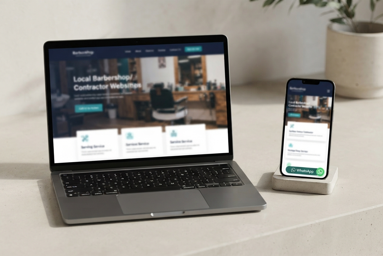 Laptop and smartphone display a responsive barbershop website with service cards and a WhatsApp button.